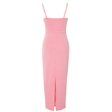 SATIN STRAPY SPLIT MIDI DRESS IN PINK