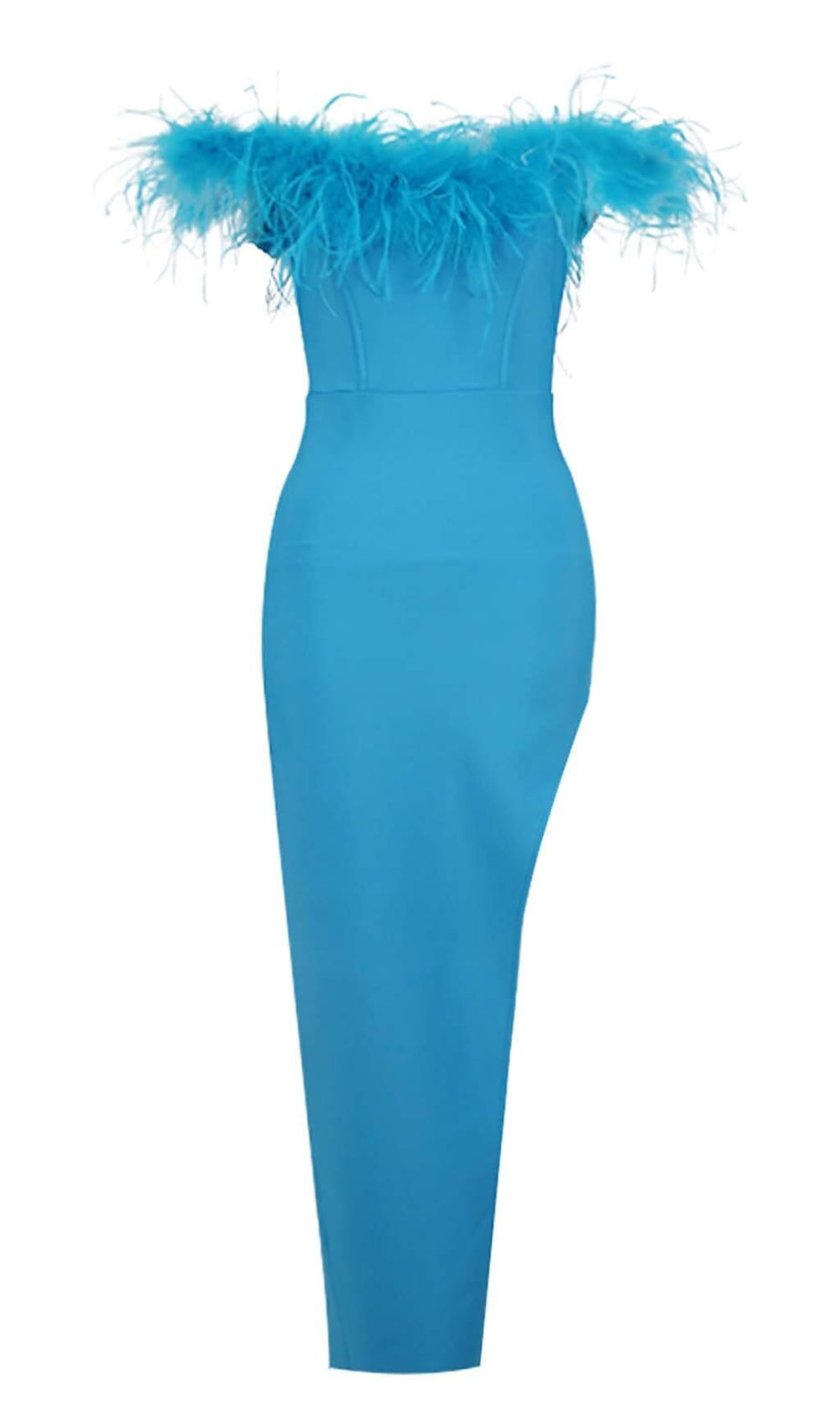 Schulterfreies High-Low-Kleid mit Federbesatz in Blau