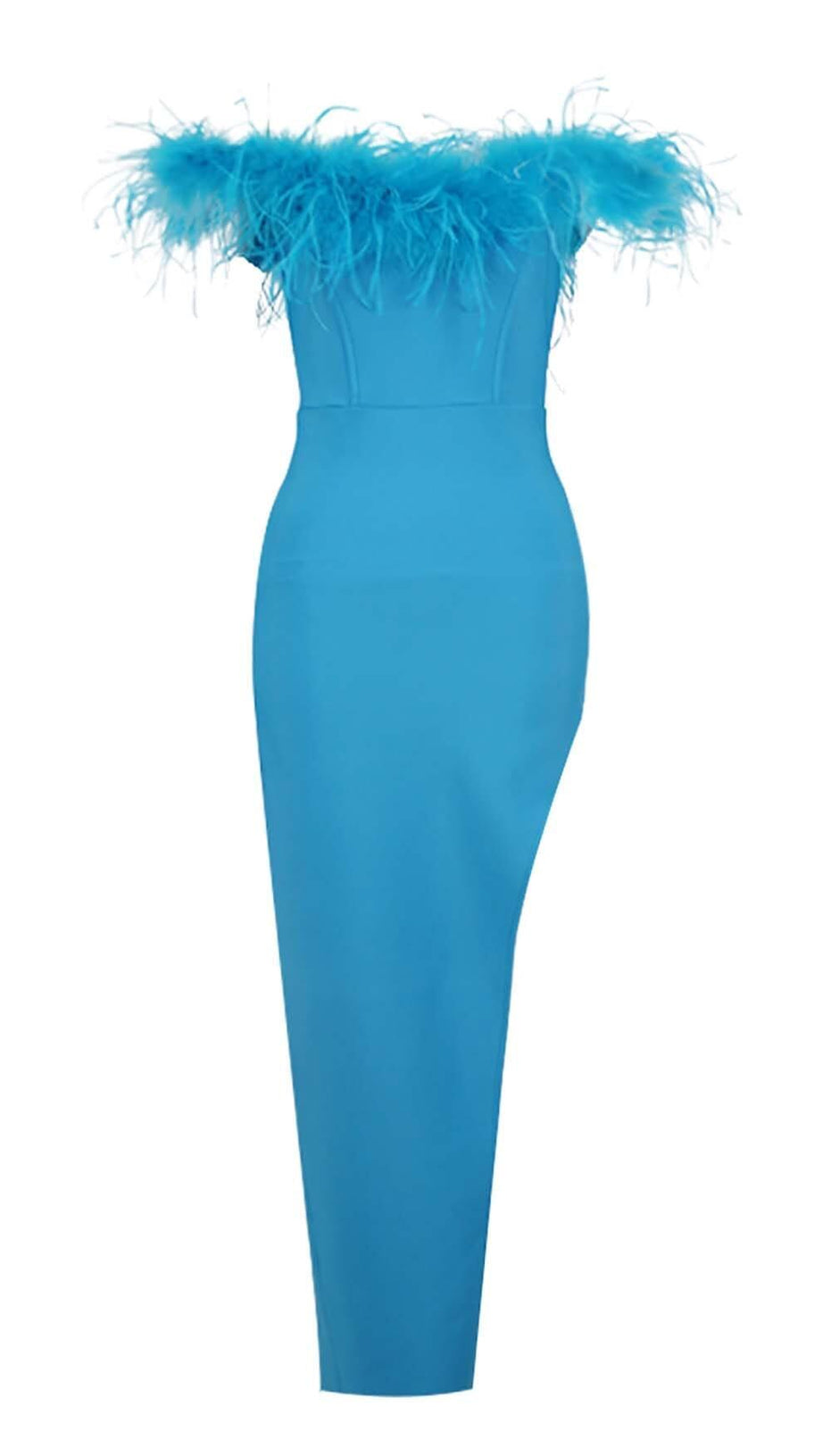 FEATHER TRIM OFF THE SHOULDER HIGH LOW DRESS IN BLUE