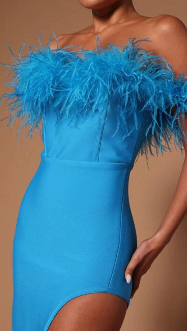 AIIZIE FEATHER TRIM OFF THE SHOULDER HIGH LOW DRESS IN BLUE - product image