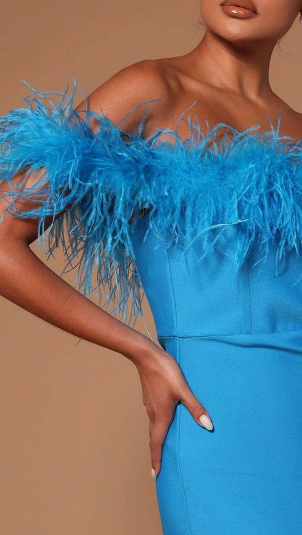 AIIZIE FEATHER TRIM OFF THE SHOULDER HIGH LOW DRESS IN BLUE - product image