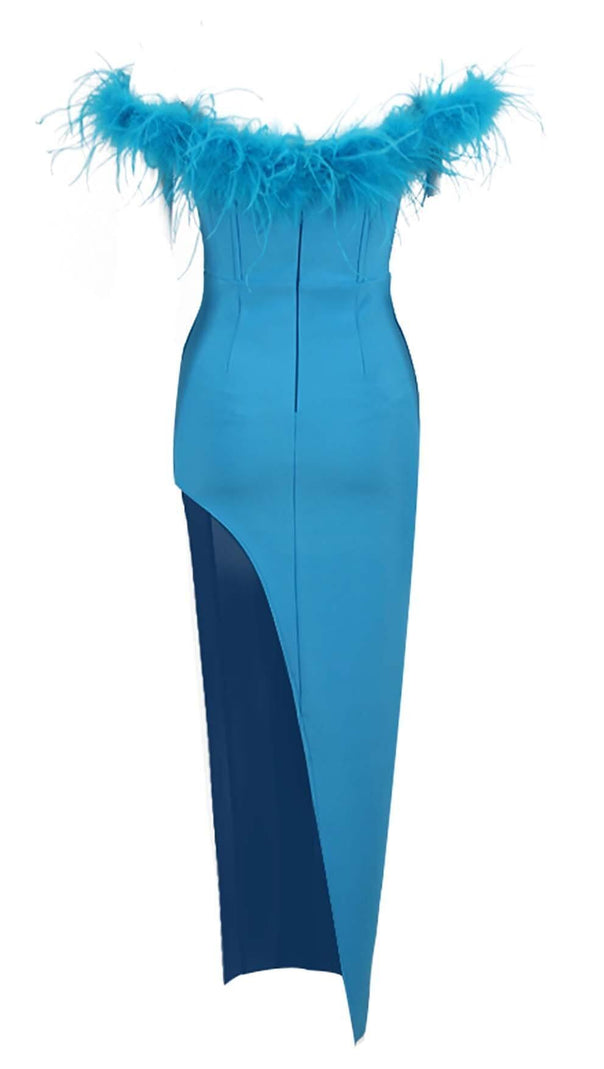 AIIZIE FEATHER TRIM OFF THE SHOULDER HIGH LOW DRESS IN BLUE - product image