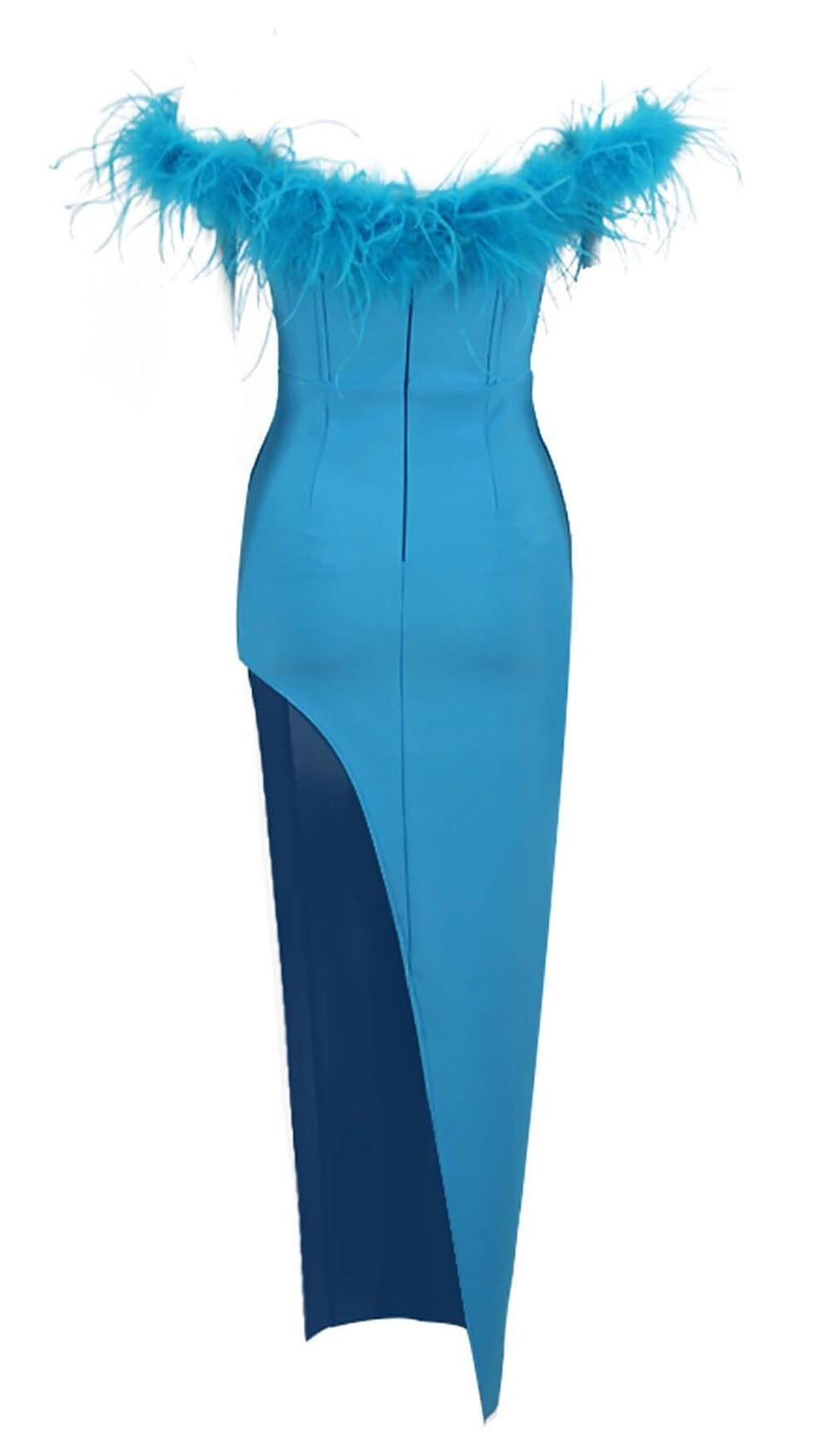 Schulterfreies High-Low-Kleid mit Federbesatz in Blau