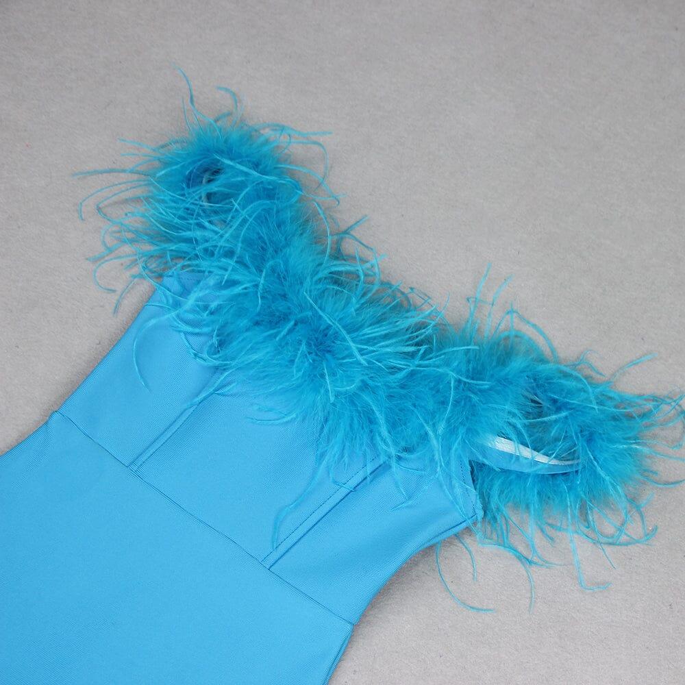 AIIZIE FEATHER TRIM OFF THE SHOULDER HIGH LOW DRESS IN BLUE - product image
