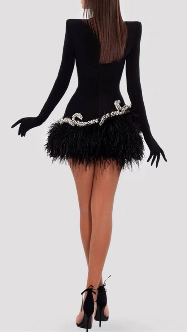 AIIZIE FEATHER VELVET GLOVES MINI DRESS IN BLACK - product image