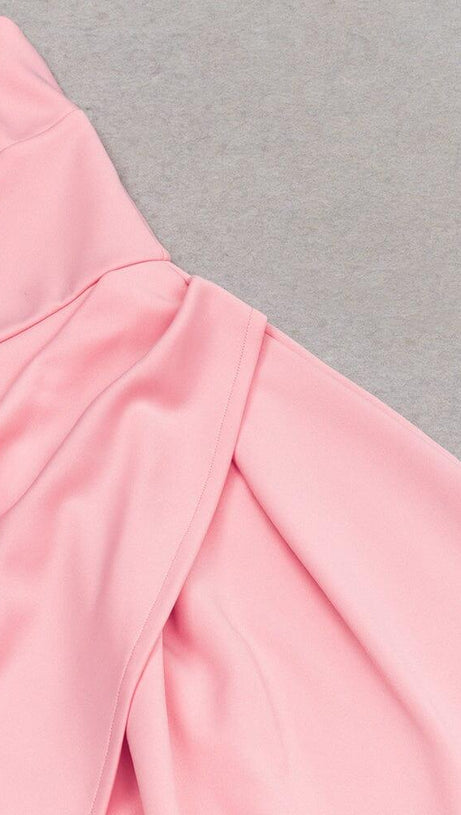 ABITO MIDI IN RASO CON SPALLINE E SPACCHI ROSA