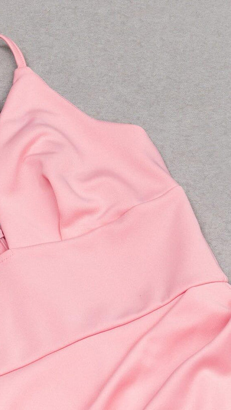 ABITO MIDI IN RASO CON SPALLINE E SPACCHI ROSA