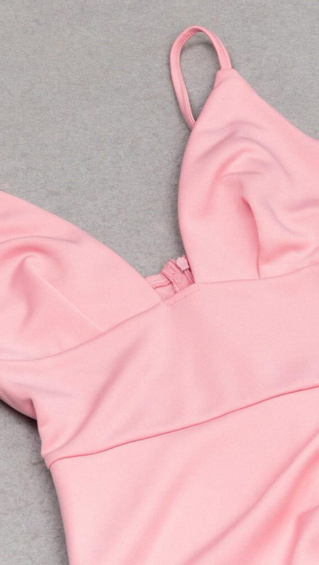 ABITO MIDI IN RASO CON SPALLINE E SPACCHI ROSA