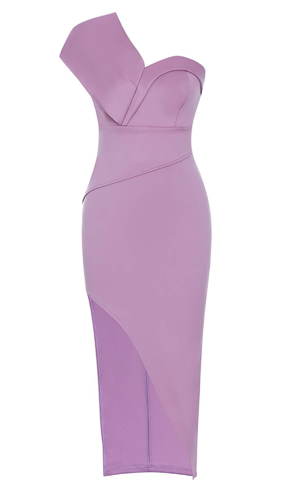 ABITO MIDI CON SPACCO SULLE COSCE E SPALLE FLOREALI IN VIOLA