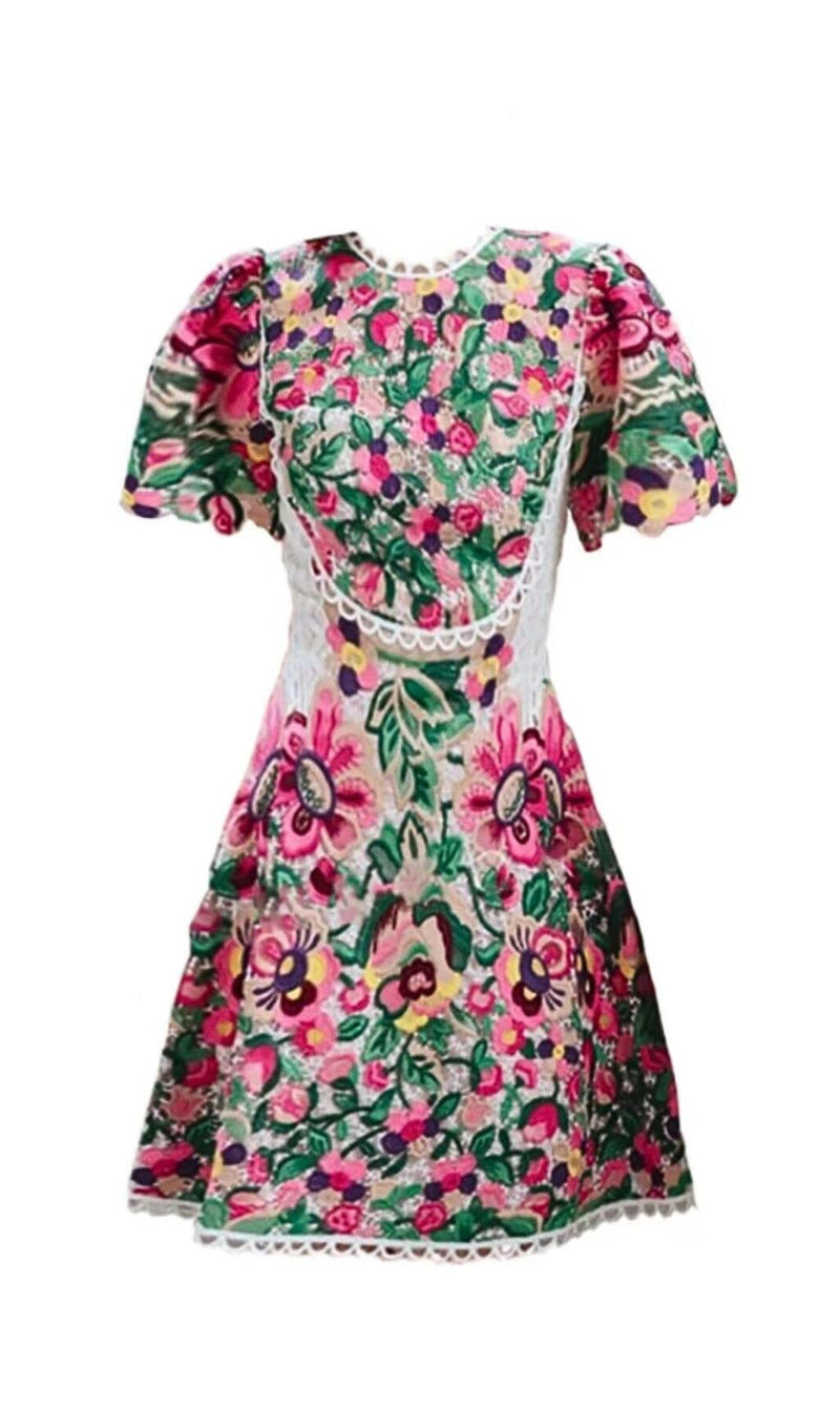 FLORAL-EMBROIDERED LACE MINI DRESS