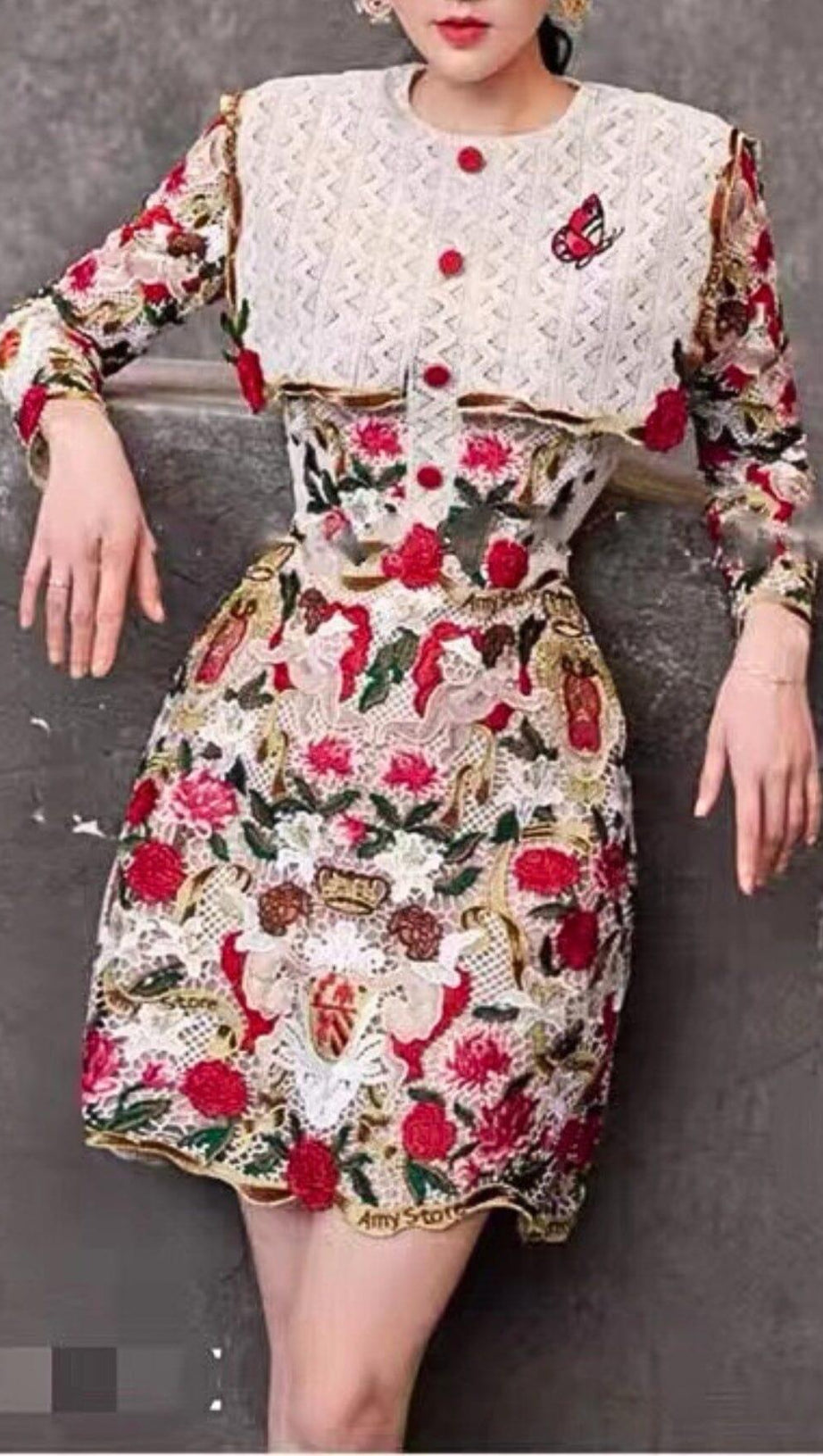 FLOWER EMBROIDERY THREADWORK MINI DRESS
