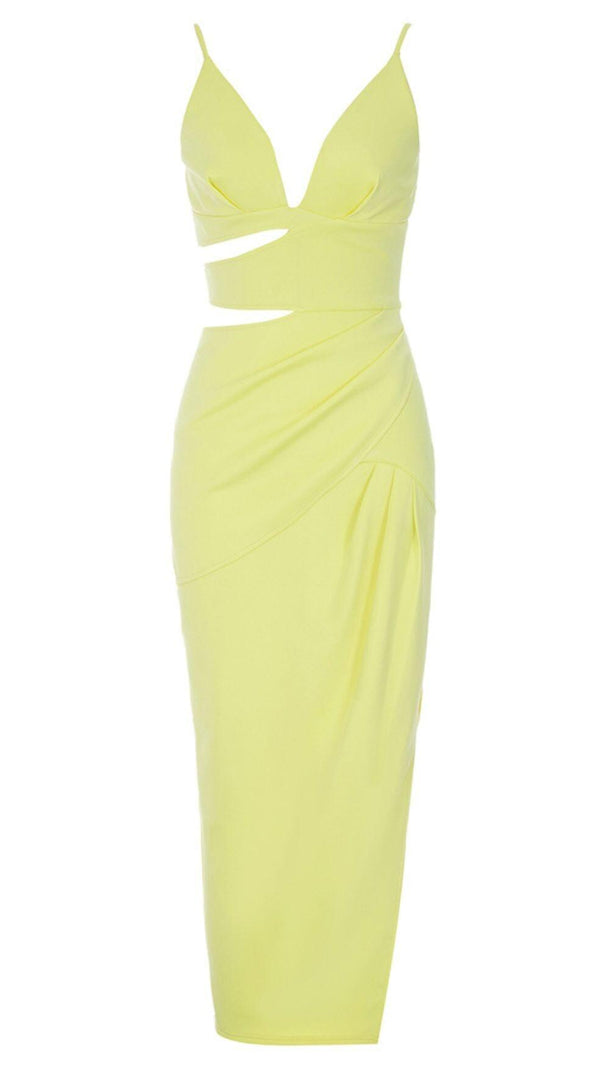 AIIZIE SATIN CUT OUT V NECK MIDI DRESS IN YELLOW - product image