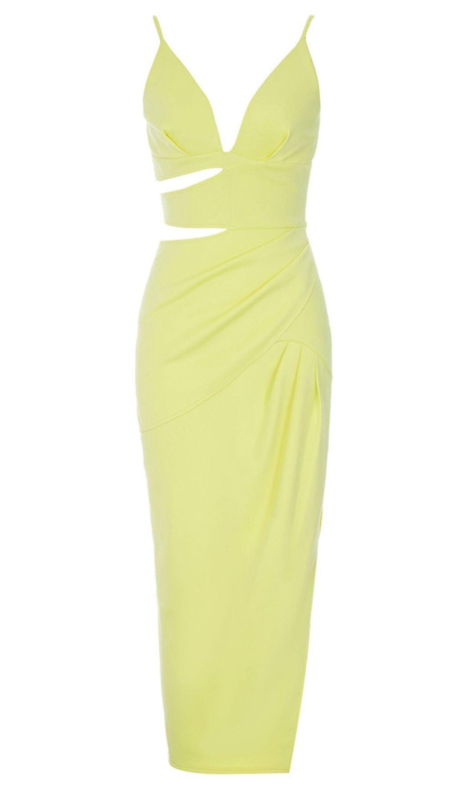 ABITO MIDI IN RASO CON SCOLLO A V E TAGLIO GIALLO