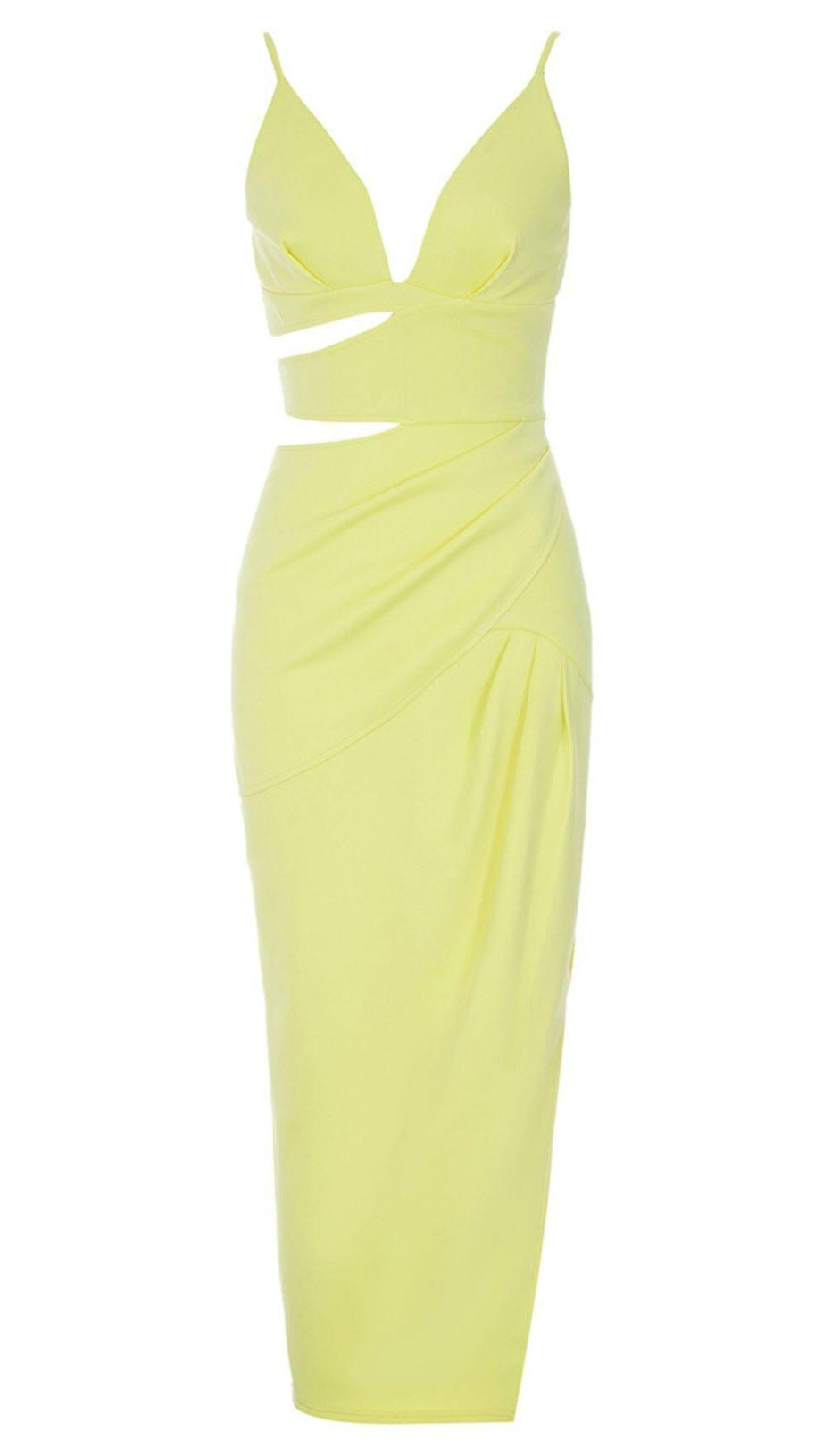 SATIN  CUT OUT V NECK MIDI DRESS IN YELLOW