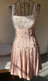 HAND-BEADED DIAMOND MINI DRESS IN NUDE