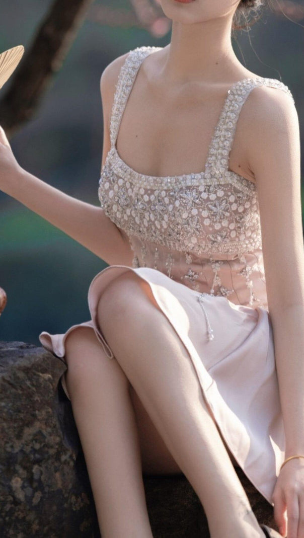 AIIZIE HAND-BEADED DIAMOND MINI DRESS IN NUDE - product image