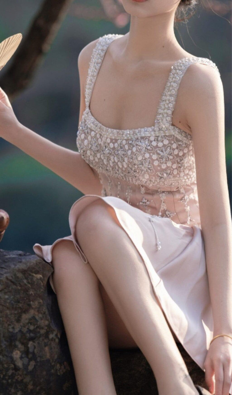 HAND-BEADED DIAMOND MINI DRESS IN NUDE