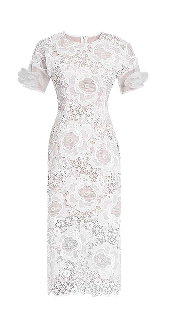 AIIZIE LACE HOLLOW EMBROIDERY A LINE MIDI DRESS IN WHITE - product image
