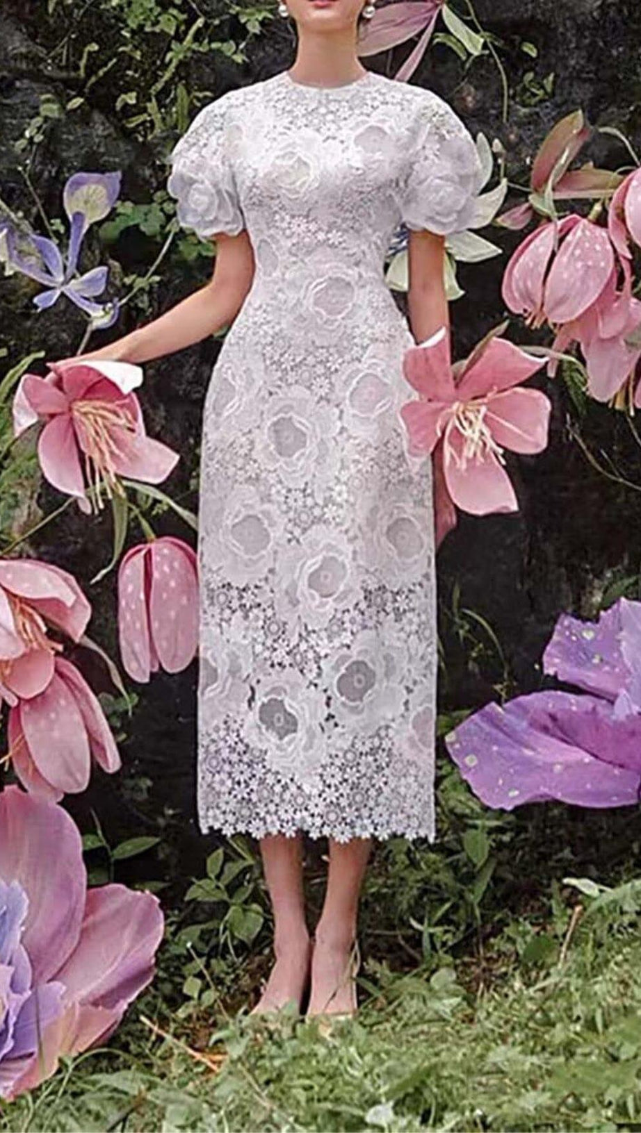 ABITO MIDI A TRAPEZIO CON RICAMI CAVI IN PIZZO BIANCO