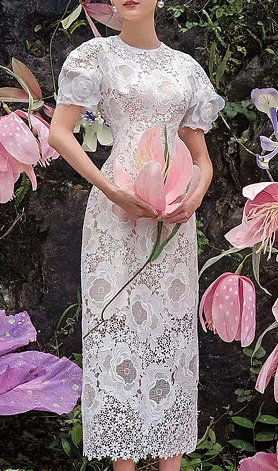 LACE HOLLOW EMBROIDERY A LINE MIDI DRESS IN WHITE