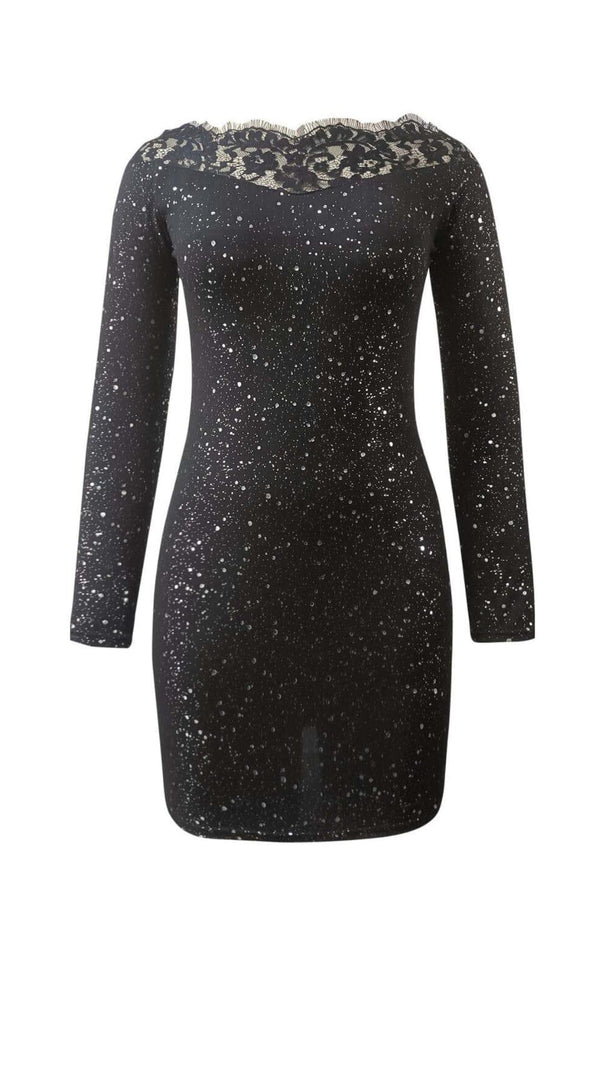 AIIZIE LACE STITCHING GLITTER MINI DRESS IN BLACK - product image
