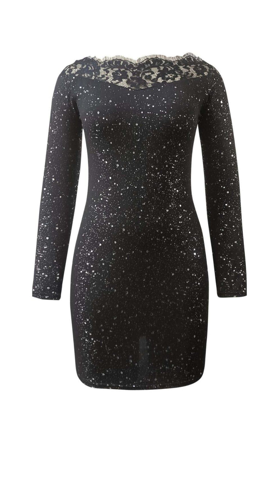 LACE STITCHING GLITTER MINI DRESS IN BLACK