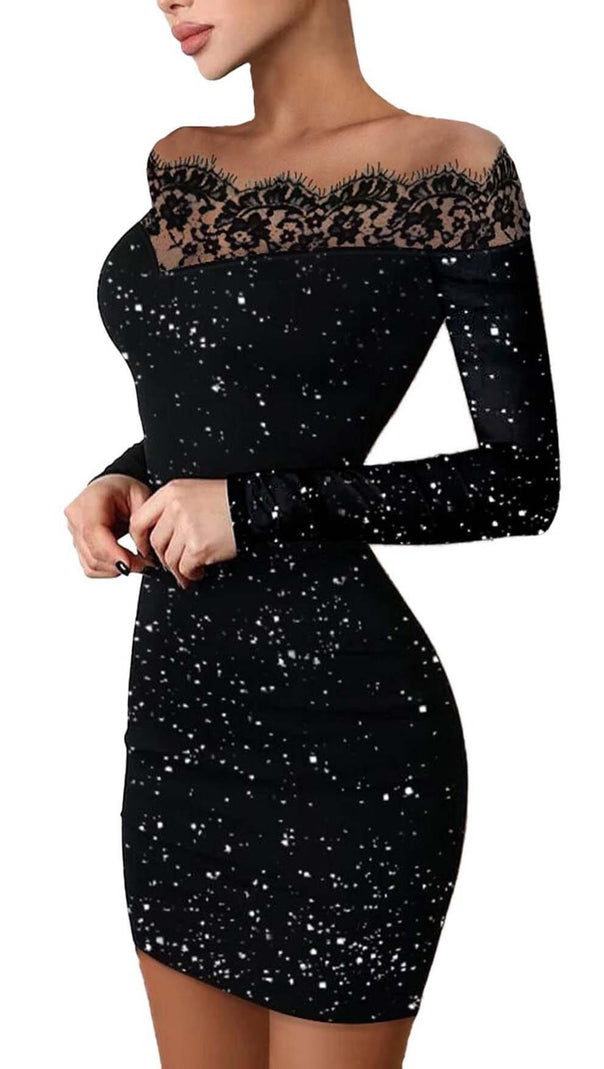 AIIZIE LACE STITCHING GLITTER MINI DRESS IN BLACK - product image
