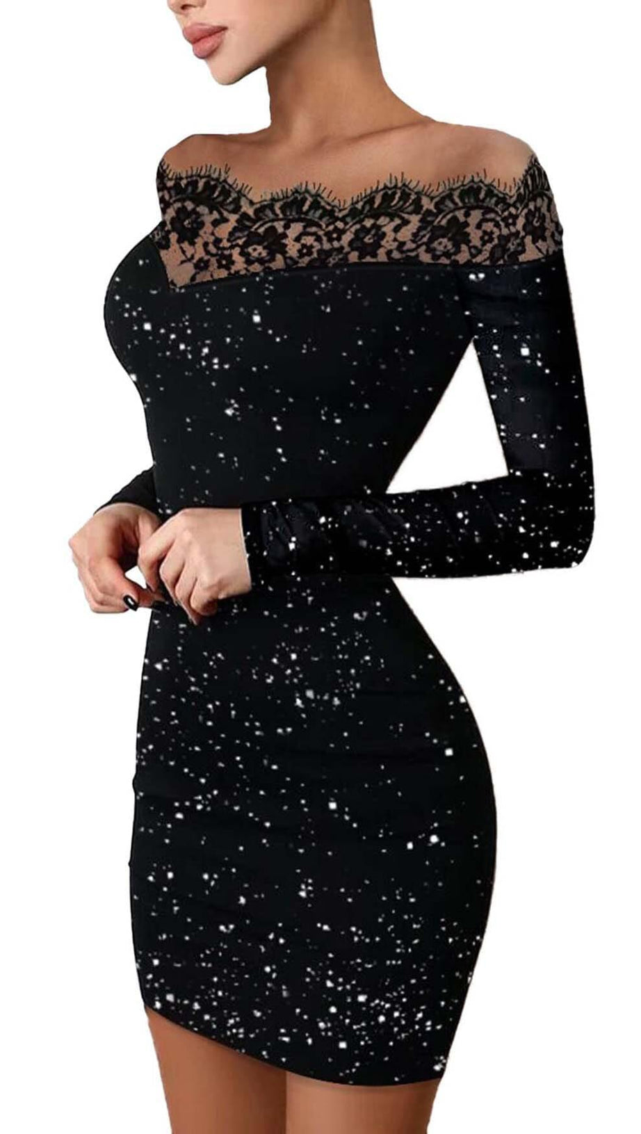 MINI ABITO NERO CON GLITTER E CUCITURE IN PIZZO