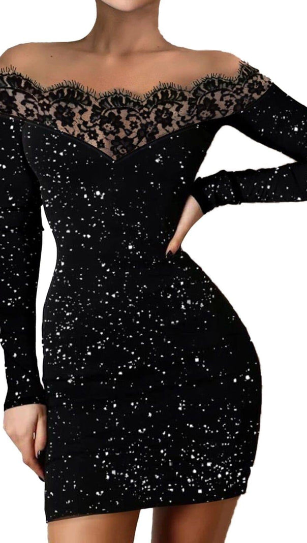 AIIZIE LACE STITCHING GLITTER MINI DRESS IN BLACK - product image