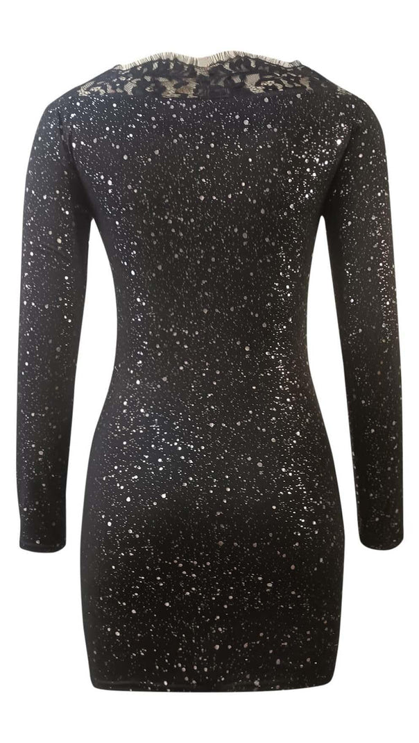 AIIZIE LACE STITCHING GLITTER MINI DRESS IN BLACK - product image