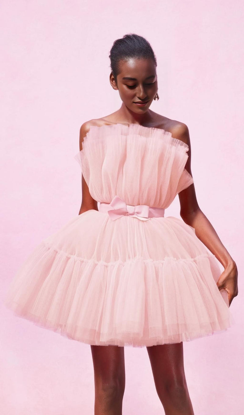 LAYERED STRAPLESS MINI DRESS IN PINK