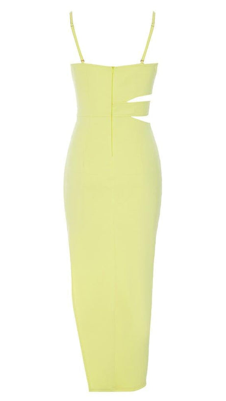 ABITO MIDI IN RASO CON SCOLLO A V E TAGLIO GIALLO