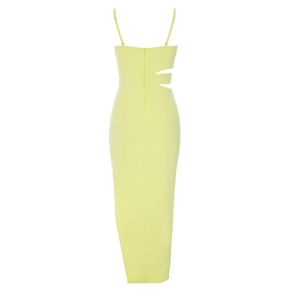 AIIZIE SATIN CUT OUT V NECK MIDI DRESS IN YELLOW - product image