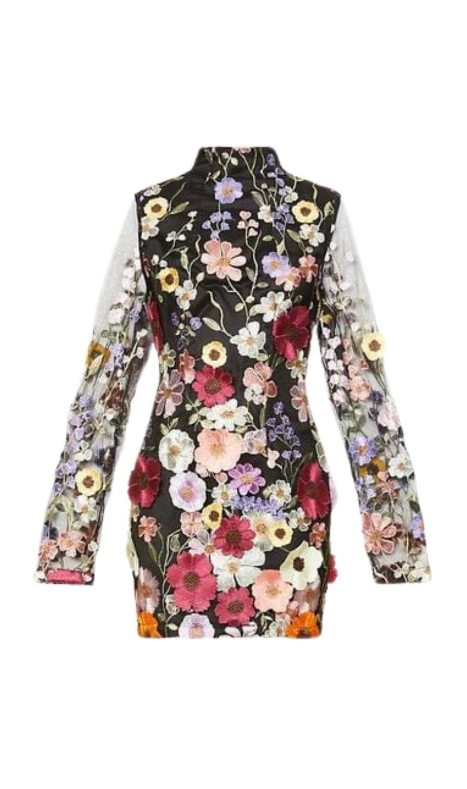LANGÄRMELIGES MINIKLEID MIT NETZBLÜMCHEN IN SCHWARZ
