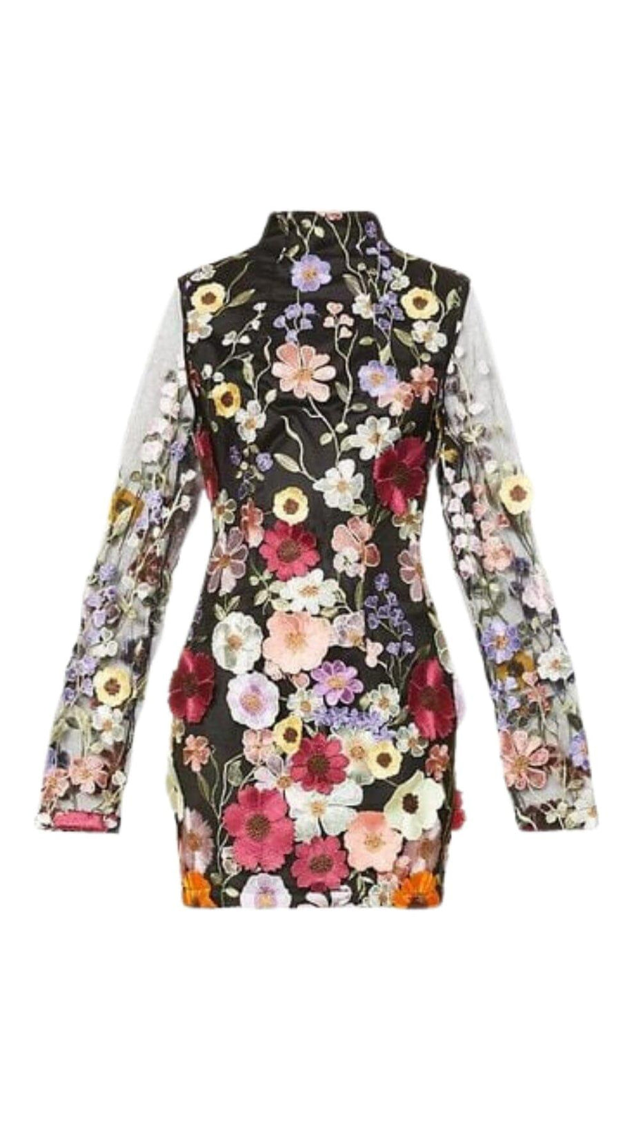 LANGÄRMELIGES MINIKLEID MIT NETZBLÜMCHEN IN SCHWARZ