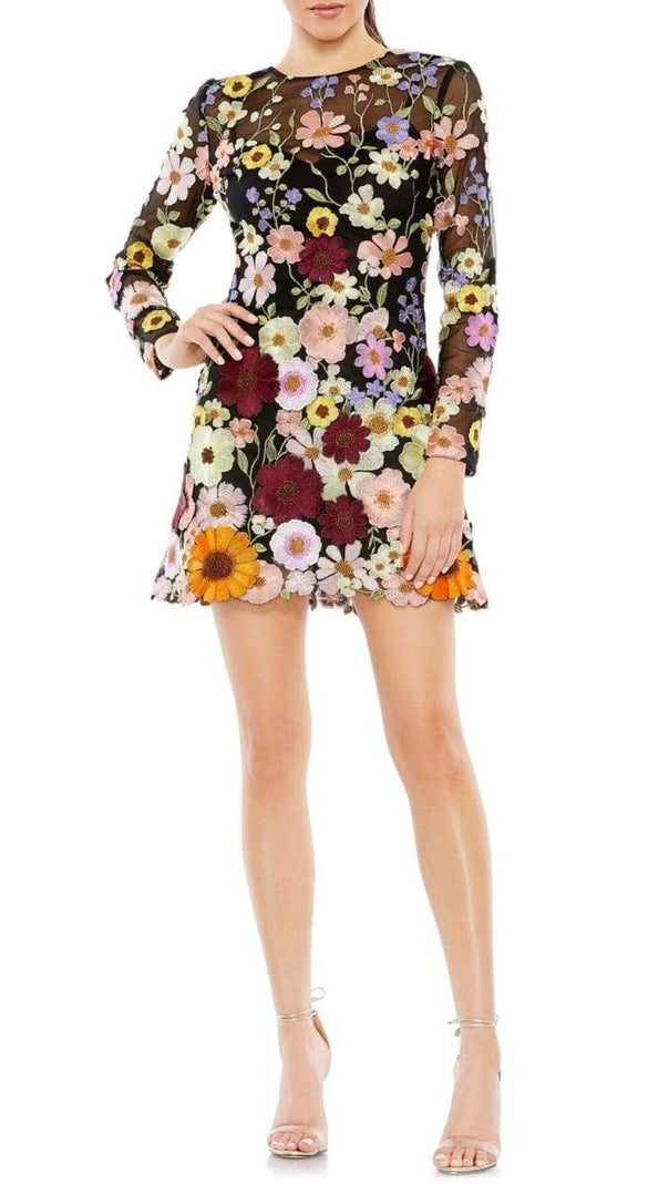 AIIZIE LONG SLEEVE MESH FLOWER MINI DRESS IN BLACK - product image