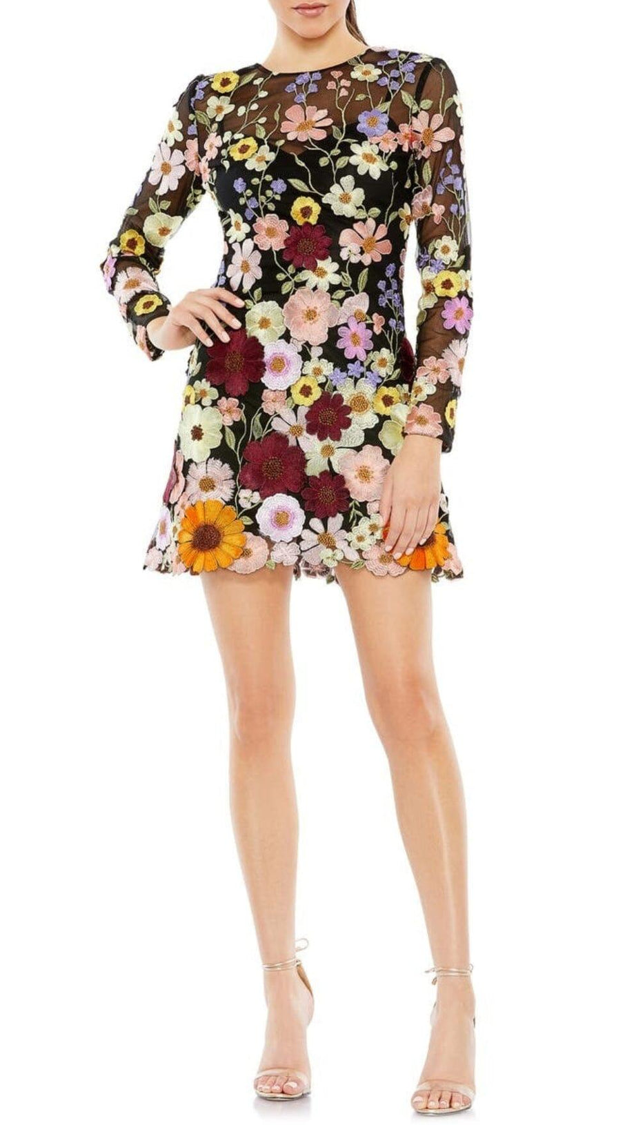 MINI ABITO A MANICHE LUNGHE IN RETE CON FIORI IN NERO