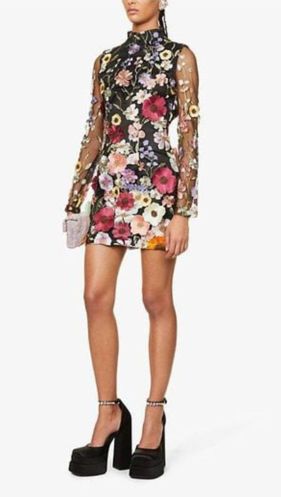 MINI ABITO A MANICHE LUNGHE IN RETE CON FIORI IN NERO