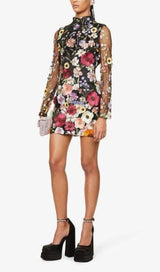 LONG SLEEVE MESH FLOWER MINI DRESS IN BLACK