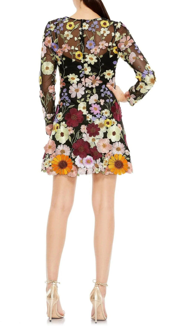 AIIZIE LONG SLEEVE MESH FLOWER MINI DRESS IN BLACK - product image