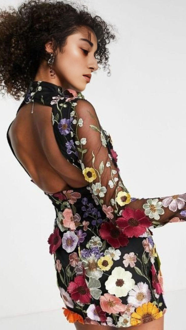 AIIZIE LONG SLEEVE MESH FLOWER MINI DRESS IN BLACK - product image