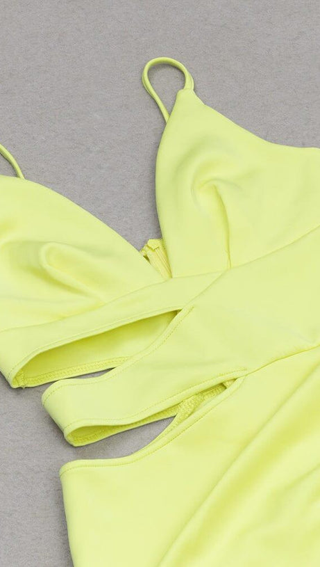 ABITO MIDI IN RASO CON SCOLLO A V E TAGLIO GIALLO