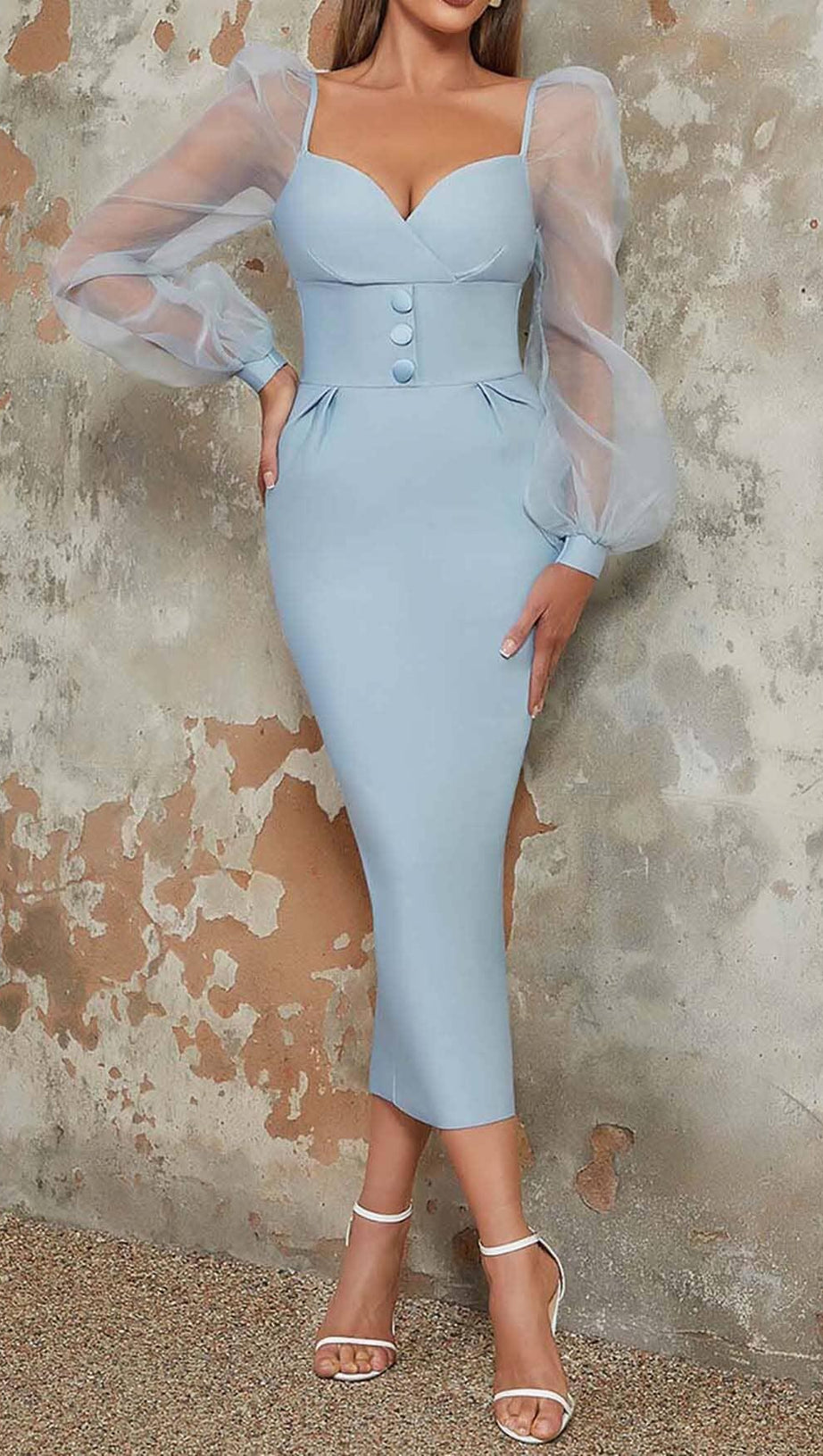 ABITO MIDI ADERENTE CON MANICHE IN RETE BLU