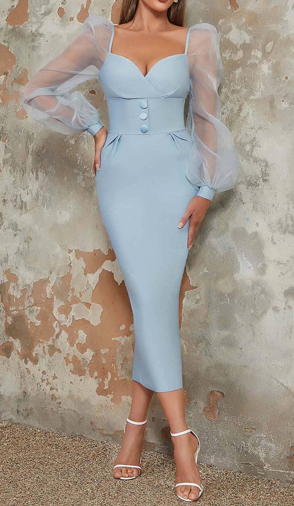 ABITO MIDI ADERENTE CON MANICHE IN RETE BLU