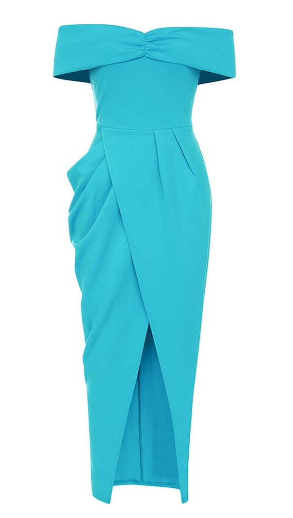 AIIZIE OFF SHOULDER HEM SLIT MIDI DRESS IN AZURE - product image