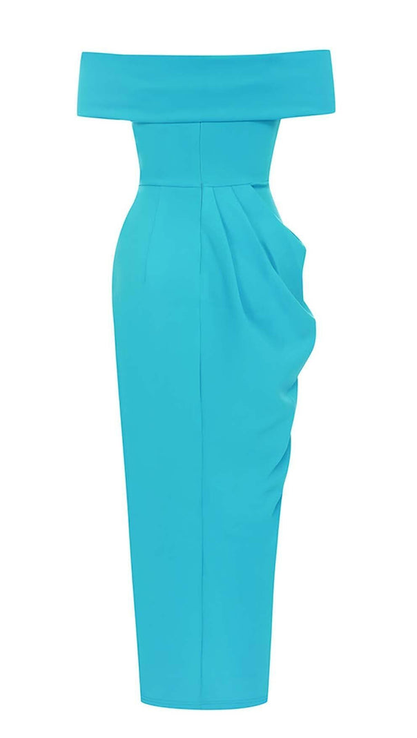 AIIZIE OFF SHOULDER HEM SLIT MIDI DRESS IN AZURE - product image