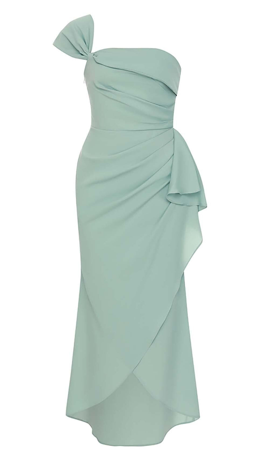 ONE SHOULDER RUCHED MIDI DRESS IN MINT