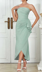 ONE SHOULDER RUCHED MIDI DRESS IN MINT