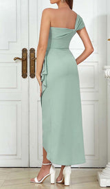 ONE SHOULDER RUCHED MIDI DRESS IN MINT