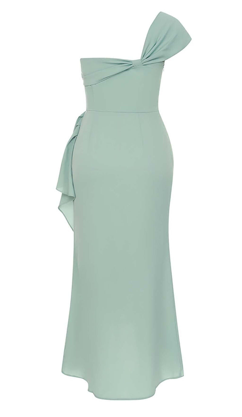 ONE SHOULDER RUCHED MIDI DRESS IN MINT